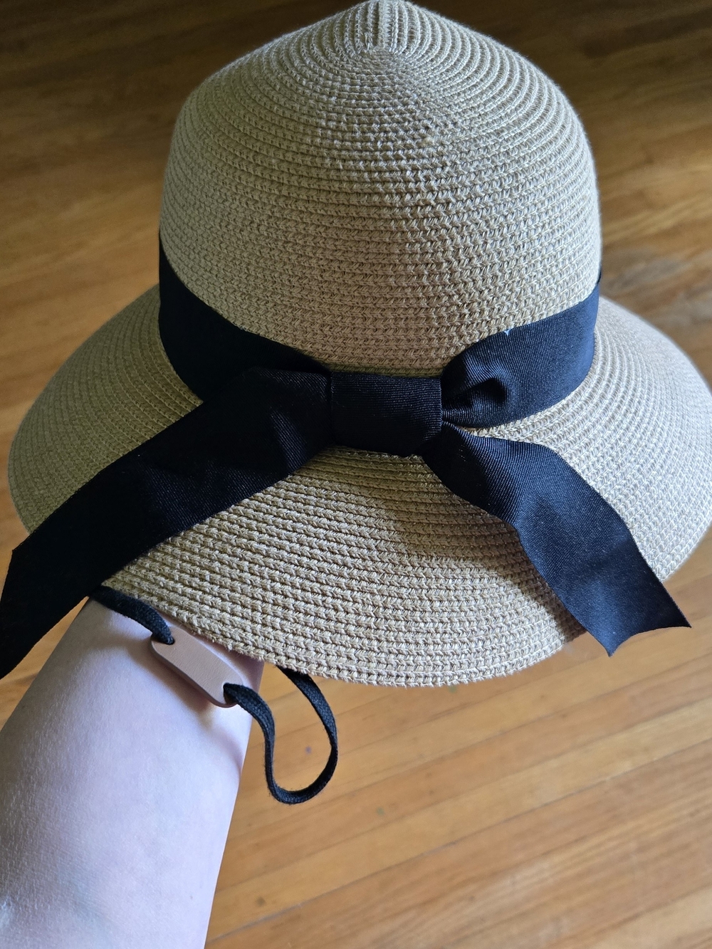 Furtalk Classic Beige Straw Sun Hat with Wide Black Ribbon Bow Adjustable Strap